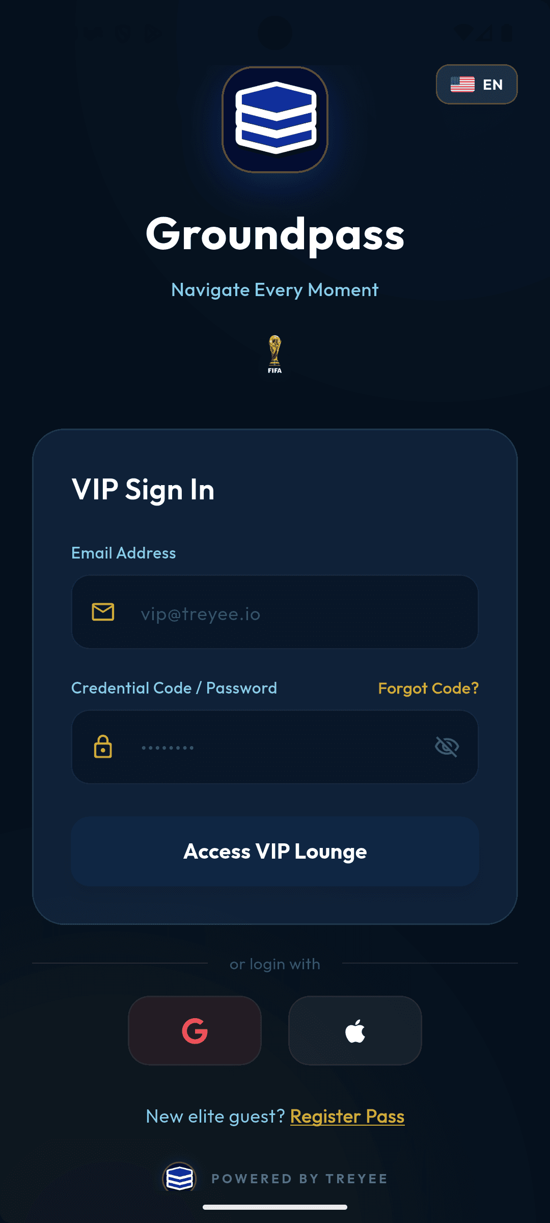 Ground Pass branded login screen