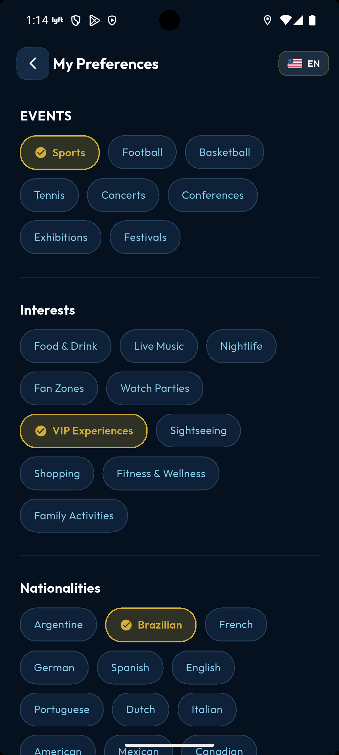 Ground Pass user preferences screen showing language selection