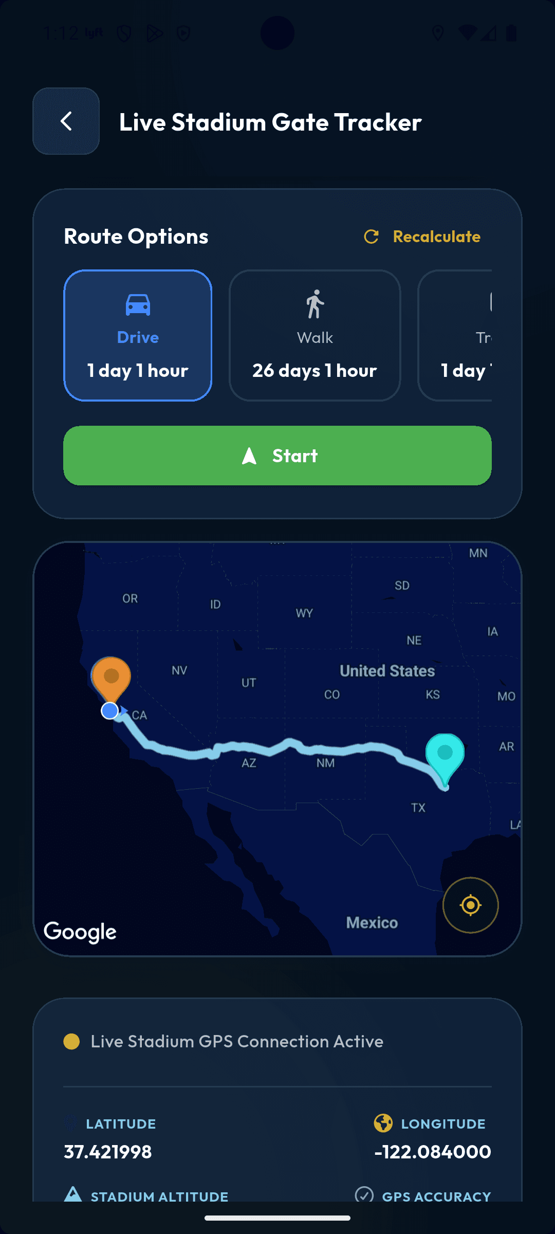 Ground Pass route options screen showing transit, walking, and rideshare