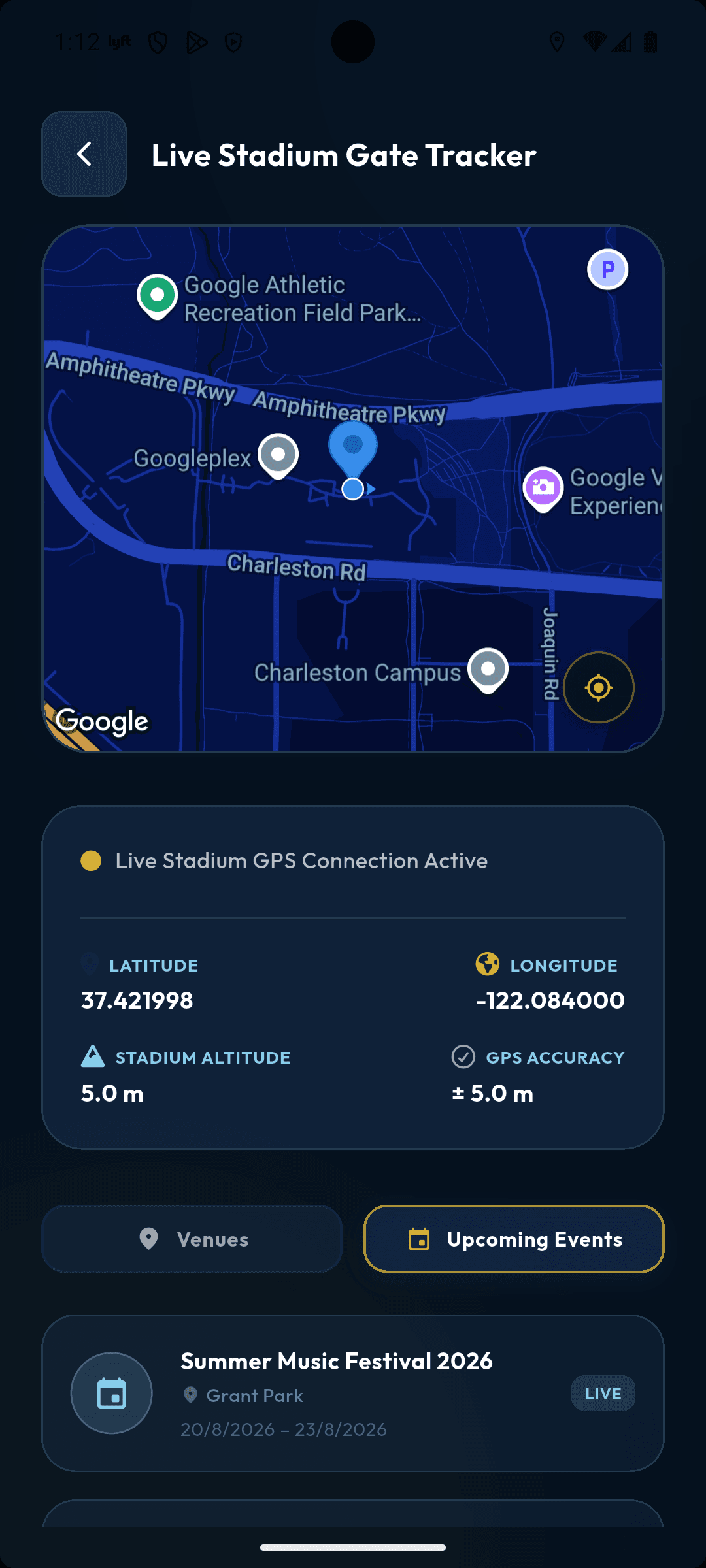 Ground Pass upcoming events screen with transit information